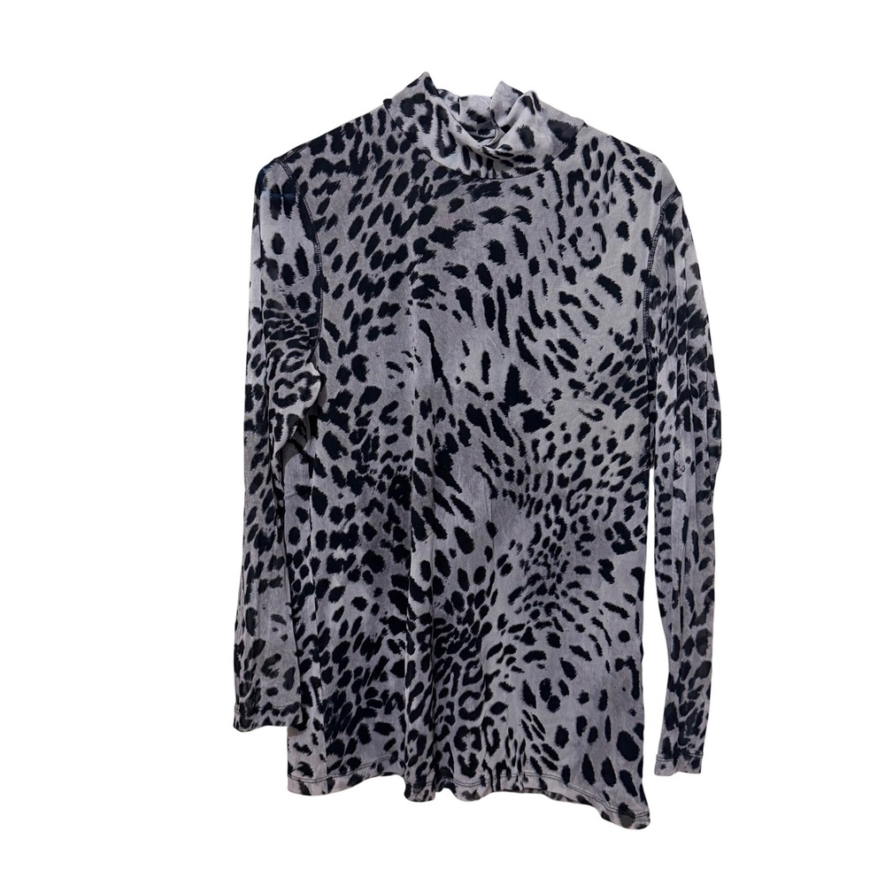 Chicos Womens Grey Black Leopard Animal Print Mock Neck Mesh Lined Top Size 1
